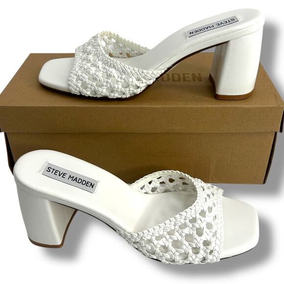 Steve Madden White Woven Heels Size 7 Slip On Mules Rafia Boho Beach Sandals - Picture 1 of 12